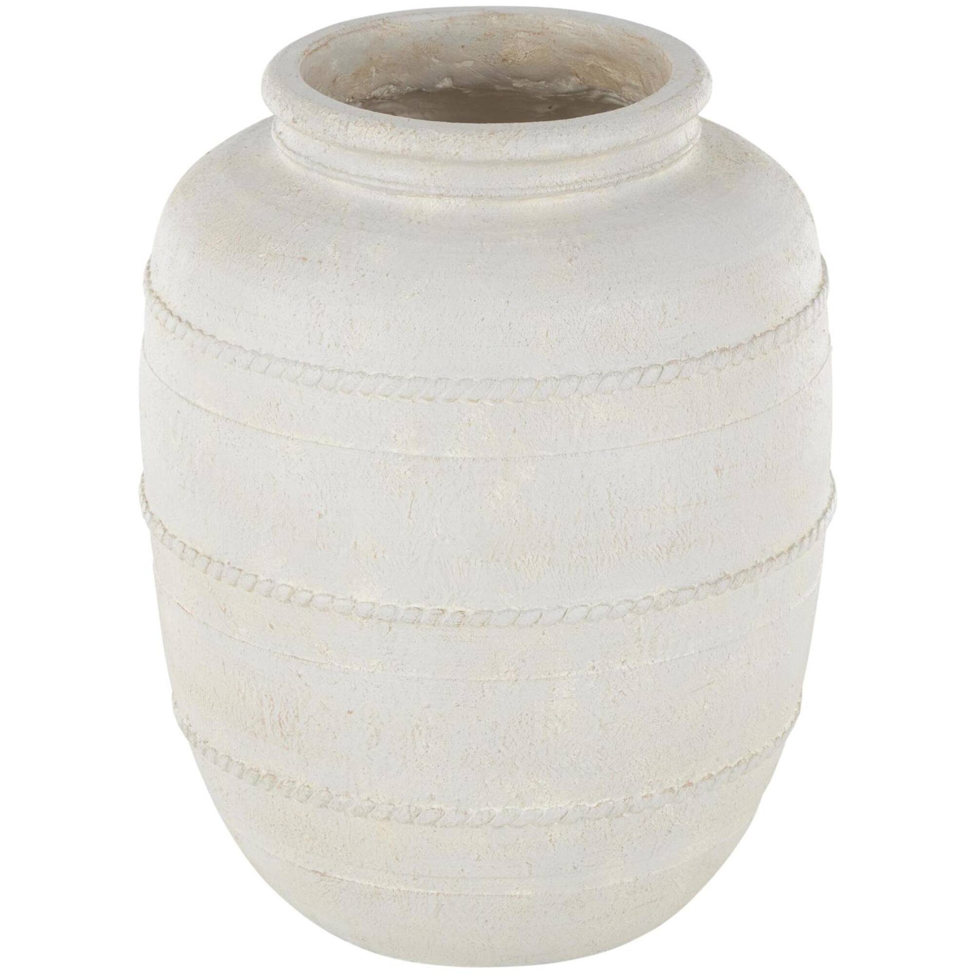 18" Cream Distressed Stone Vase with Raised Braided Accents